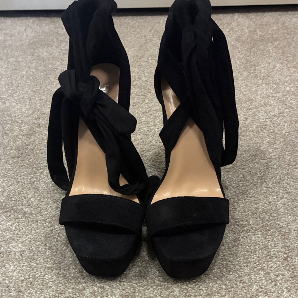 Boohoo Black Suede Lace-Up Platform Heels